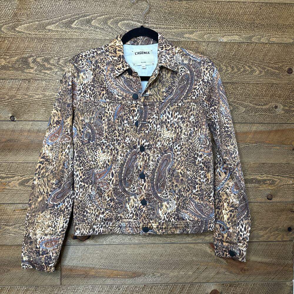 L’Agence Bronze Celine Valencia Mixed Print Denim Jacket Size Small NWT
